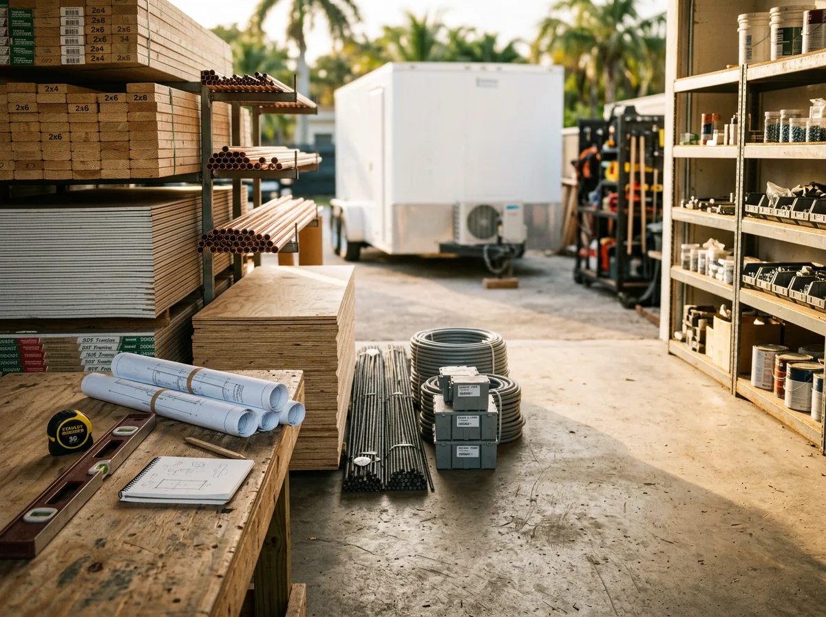 Construction site with framing, tools, and materials staged for residential remodeling work.