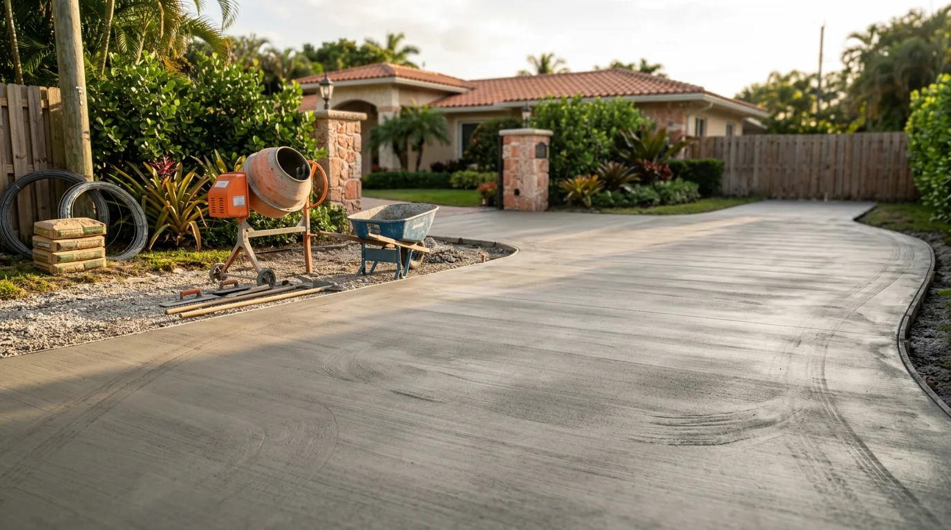 Concrete contractor finishing a patio surface for a residential home.