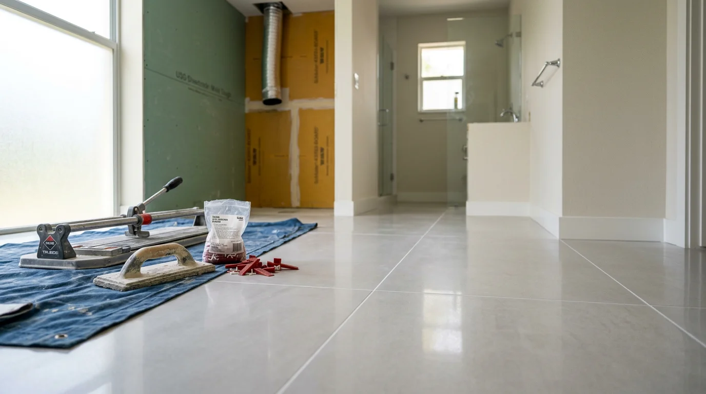 Flooring contractor installing tile in a modern kitchen renovation.
