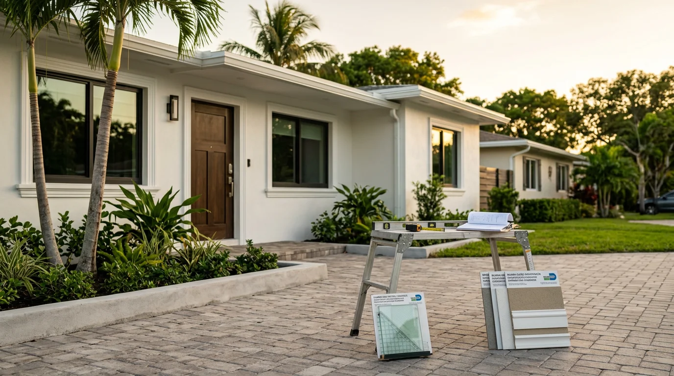 General contractor team reviewing construction plans on a residential project in Miami.