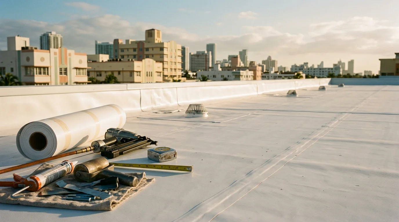 Roofing contractor installing hurricane-resistant shingles on a residential home in South Florida.