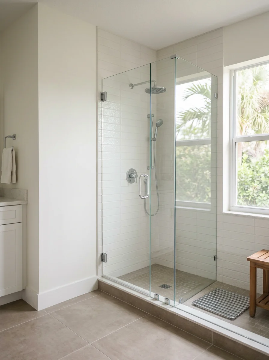 A freshly tiled master bathroom renovation in a Broward County home, showing large-format porcelain tile, a frameless glass shower enclosure, and new drywall finishing.