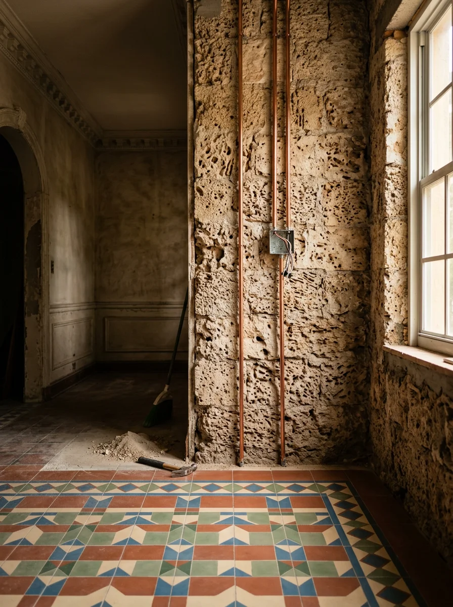 Interior renovation in a 1940s Coral Gables home showing new tile flooring being installed alongside exposed original masonry walls and updated electrical conduit.