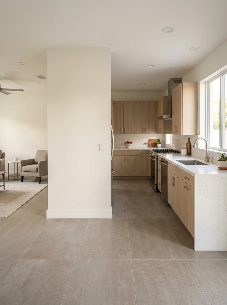 A freshly renovated open-concept kitchen and living area in a Coral Springs single-family home, showing new tile flooring, updated drywall, and modern cabinetry replacing the original compartmentalized layout.