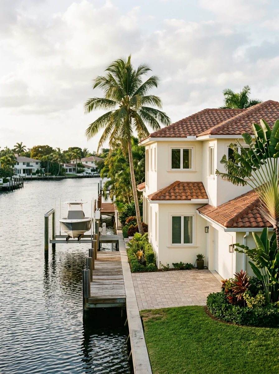 A canal-front single-family home in Fort Lauderdale with a newly installed tile roof and fresh stucco exterior, showing the waterway and dock in the background.