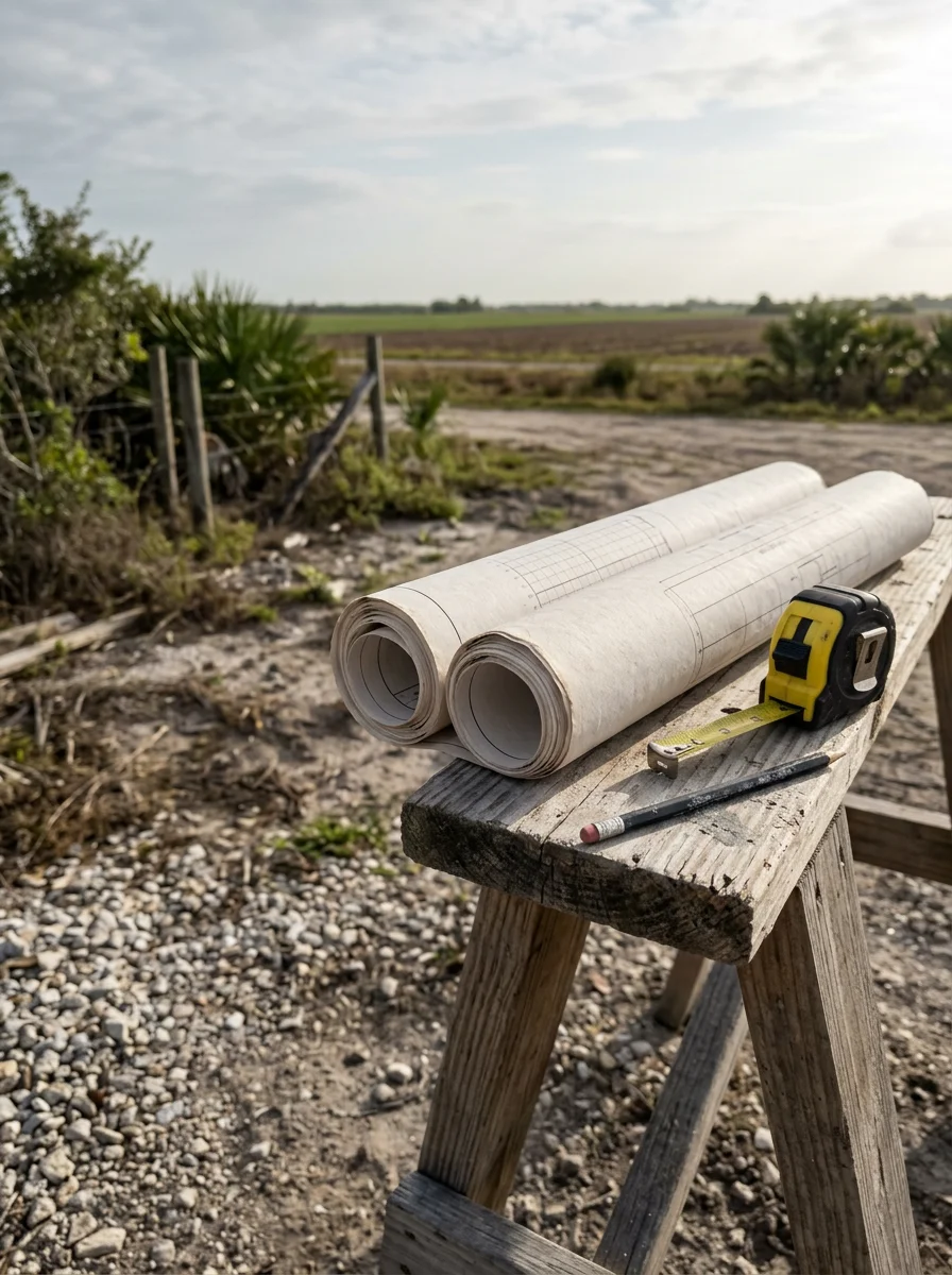 A general contractor reviewing engineering drawings on a Homestead construction site, with flat south Miami-Dade terrain and agricultural land visible in the background.