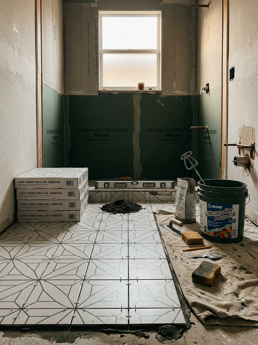 A bathroom renovation in progress inside a Kendall townhouse, showing new large-format tile being set on the floor and fresh cement board on the walls ready for tile installation.