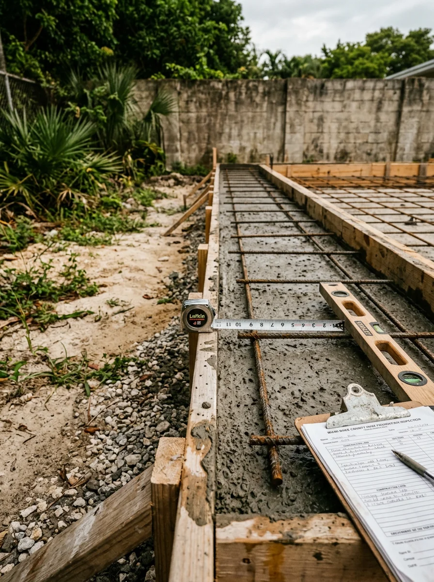 Close-up of a freshly poured concrete foundation footing on a Miami-Dade residential lot, showing rebar placement and formwork typical of HVHZ construction requirements.