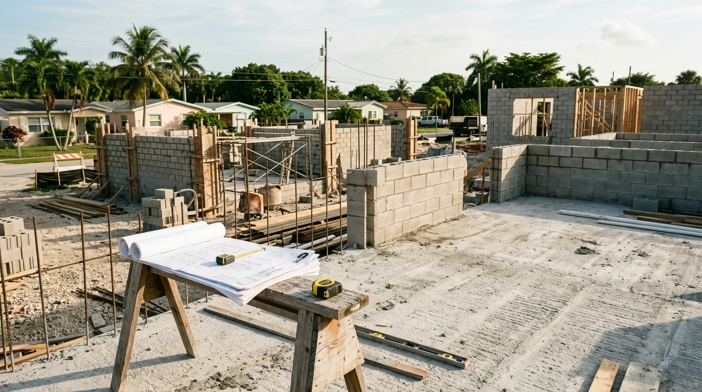 A general contractor reviewing structural framing plans on a residential construction site in Miami-Dade County, with CBS block walls and a concrete slab visible in the foreground.