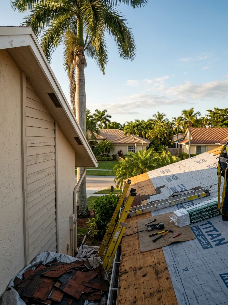 A roofing crew removing old shingles from a 1990s Pembroke Pines home and installing new HVHZ-rated underlayment, with the suburban streetscape and palm trees visible below.