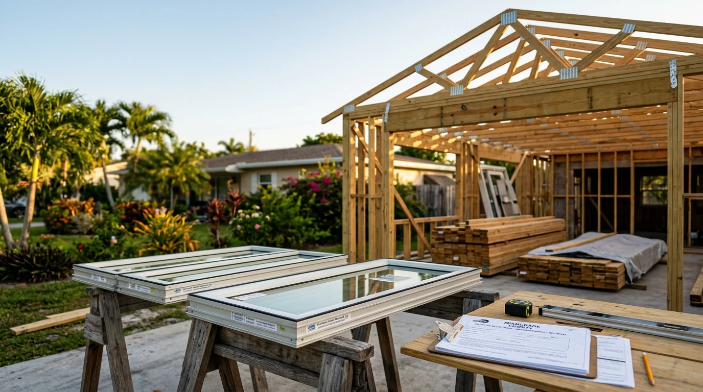 A newly constructed detached accessory dwelling unit in a Miami Dade backyard, showing a single-story structure with impact-resistant windows and a separate entrance. The finished unit sits on a residential lot with a visible primary home in the background.