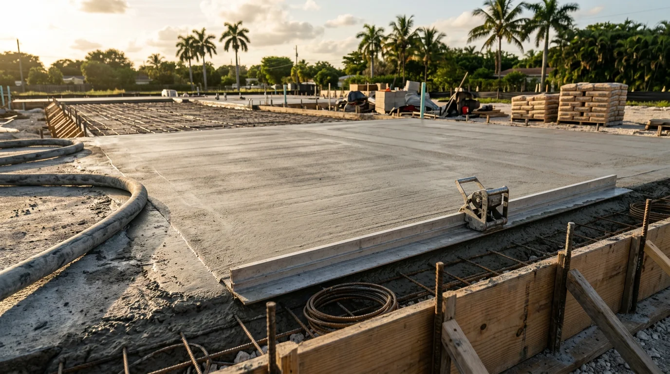 Fresh concrete being poured and screeded for a structural slab on a residential construction site in Miami Dade, Florida. Workers level the wet concrete under a bright South Florida sky with forming boards visible along the perimeter.