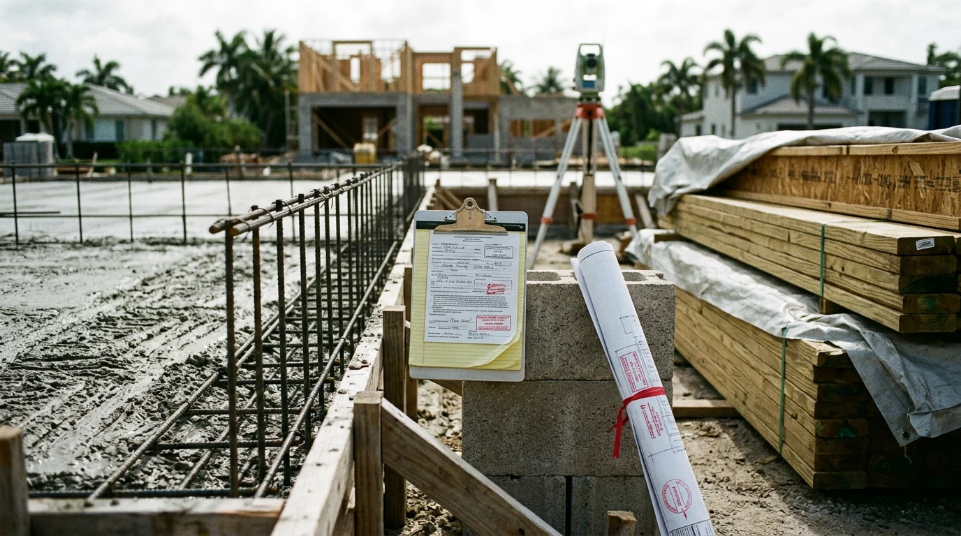A newly completed custom home in Miami Dade, Florida, featuring impact-rated windows and a reinforced roof assembly built to High-Velocity Hurricane Zone standards. The home sits on a residential lot with a finished exterior, reflecting ground-up construction managed from design through completion.