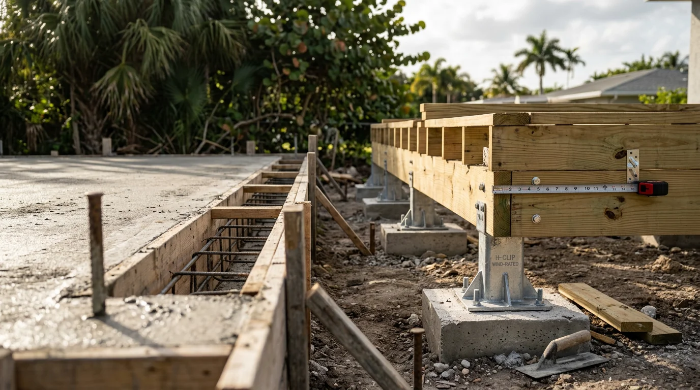 A newly constructed residential deck in Miami Dade, Florida, with structured framing and railing built to South Florida hurricane code standards. The deck extends from the rear of a single-family home into an open backyard under clear Florida skies.