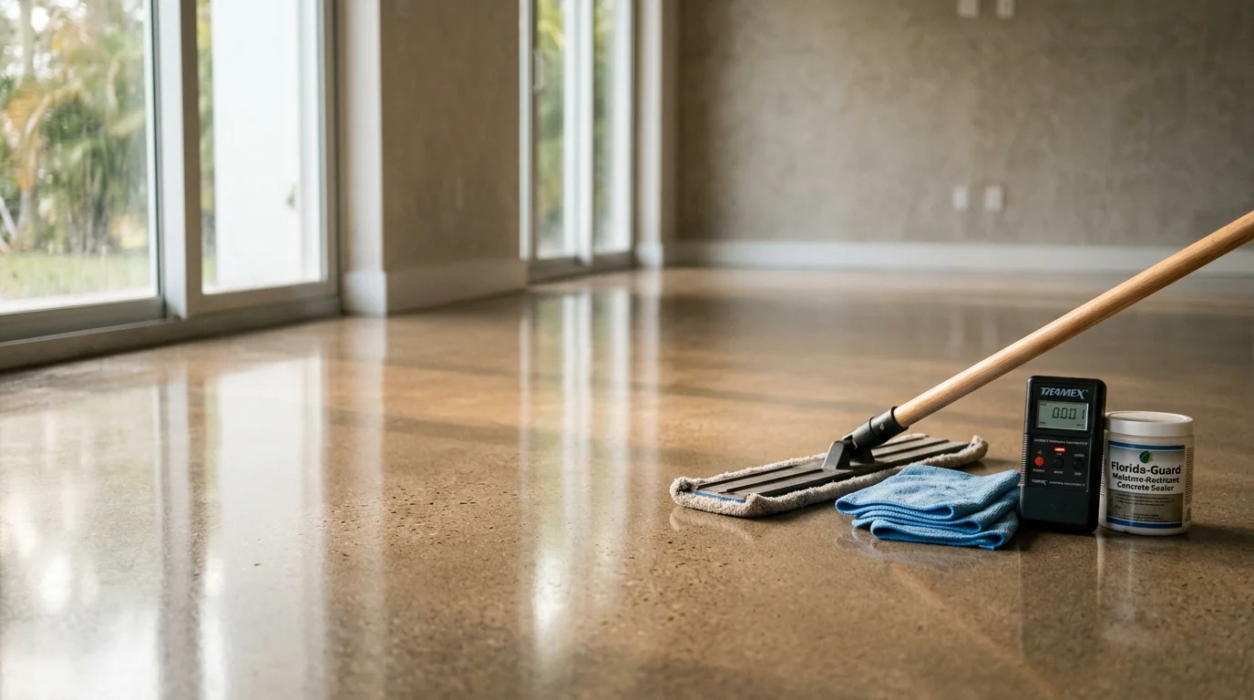 Close-up of a freshly finished interior floor surface inside a Miami Dade home, showing a smooth, sealed finish with even sheen under natural light. The concrete slab construction and open floor plan reflect typical South Florida residential building style.