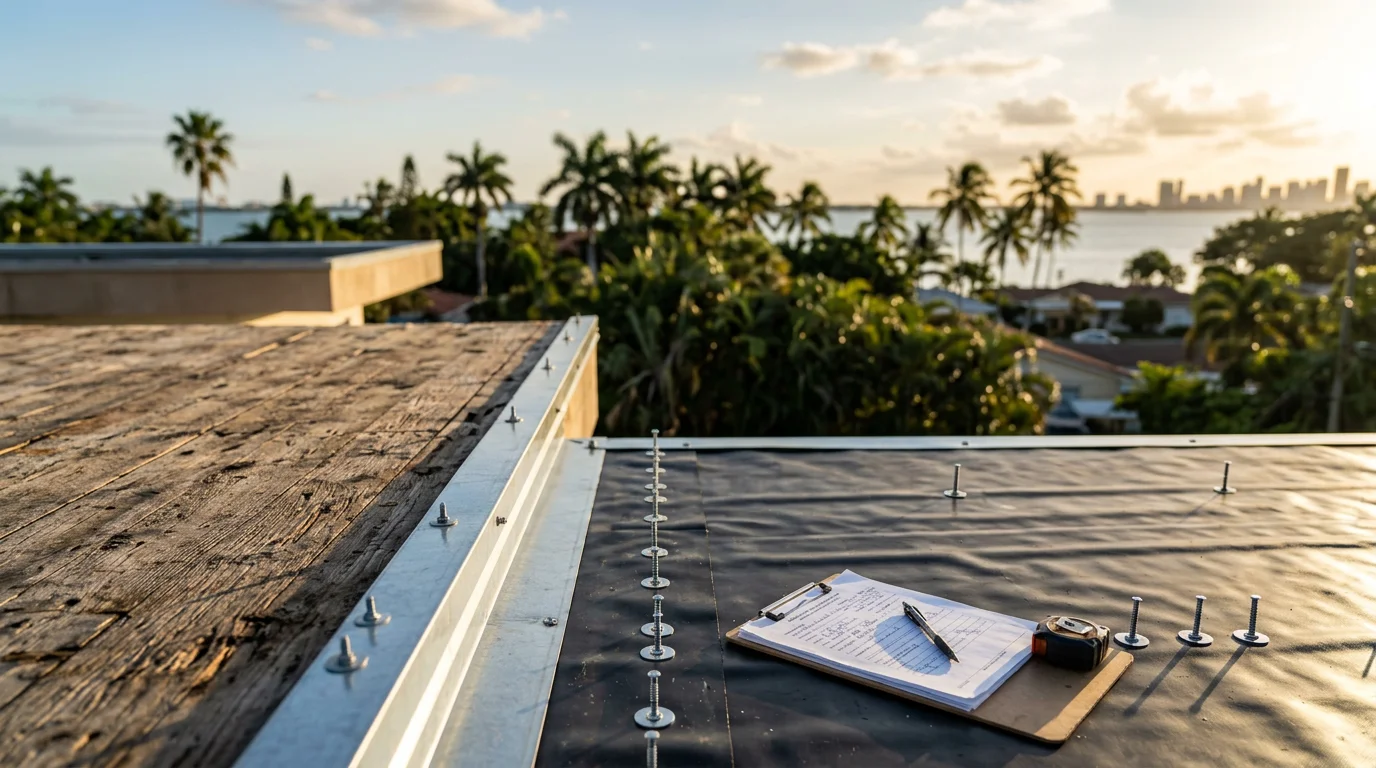 A completed hurricane-resistant roof installation on a single-family home in Miami Dade, Florida, showing a sealed roof deck and HVHZ-compliant roofing assembly under clear South Florida skies.