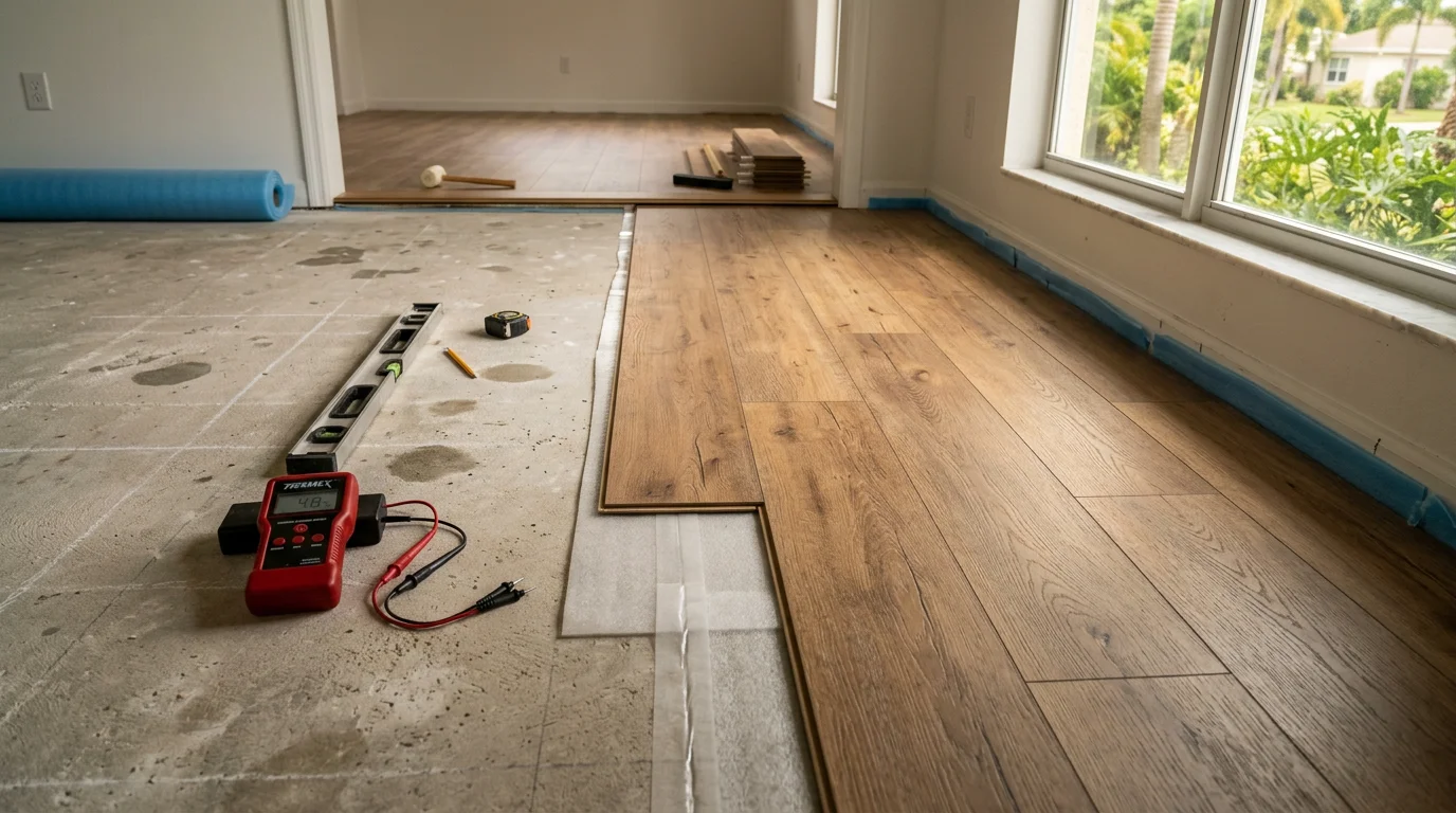 Freshly installed laminate flooring with staggered plank layout and transition molding in a Miami Dade residential living room. Concrete slab subfloor with moisture barrier visible at the room perimeter before trim installation.