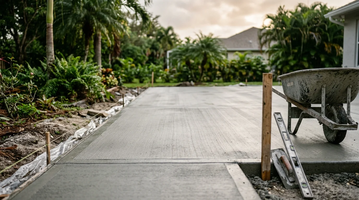 Finished concrete patio slab behind a residential home in Miami Dade, Florida, with a smooth surface and clean edges ready for outdoor furniture. The surrounding yard shows South Florida landscaping typical of the region.