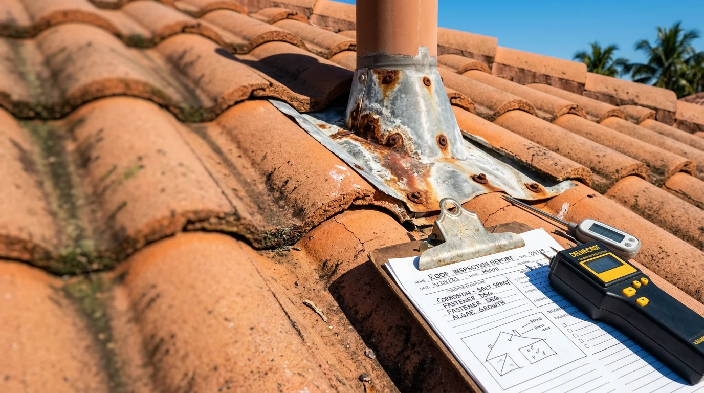 A roofing contractor inspecting the surface, flashing, and fasteners of a tile roof on a residential home in Miami Dade, Florida. The inspector examines the roof edge and underlayment details during a professional roof inspection.