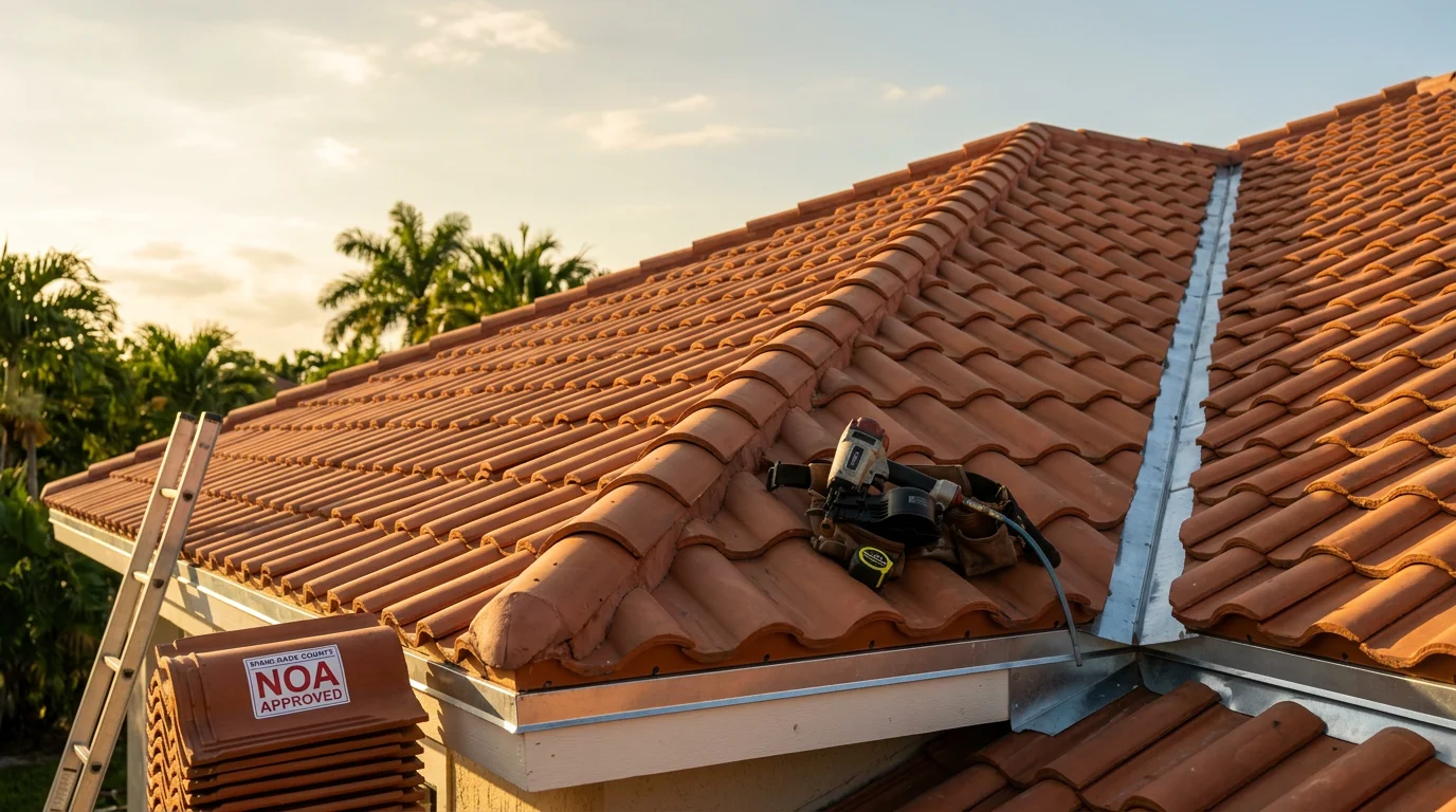 A completed new tile roof installation on a residential home in Miami Dade, Florida, showing NOA-compliant clay barrel tiles and finished ridge detail against a clear South Florida sky. The roofline reflects the Mediterranean-style architecture common across Coral Gables and Kendall neighborhoods.
