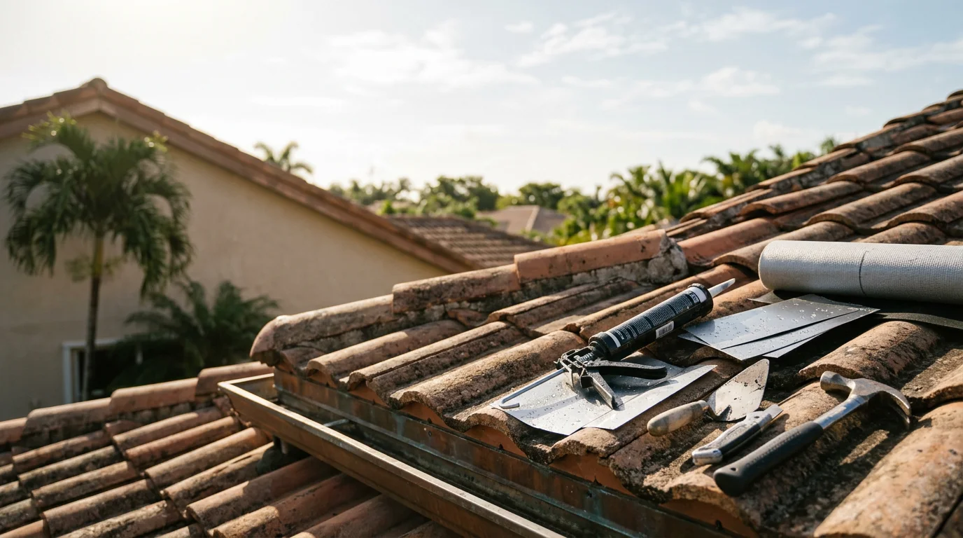 A roofing crew repairing storm-damaged roof tiles on a residential property in Miami Dade, Florida, with visible repair work underway on a concrete tile roof under a clear South Florida sky.
