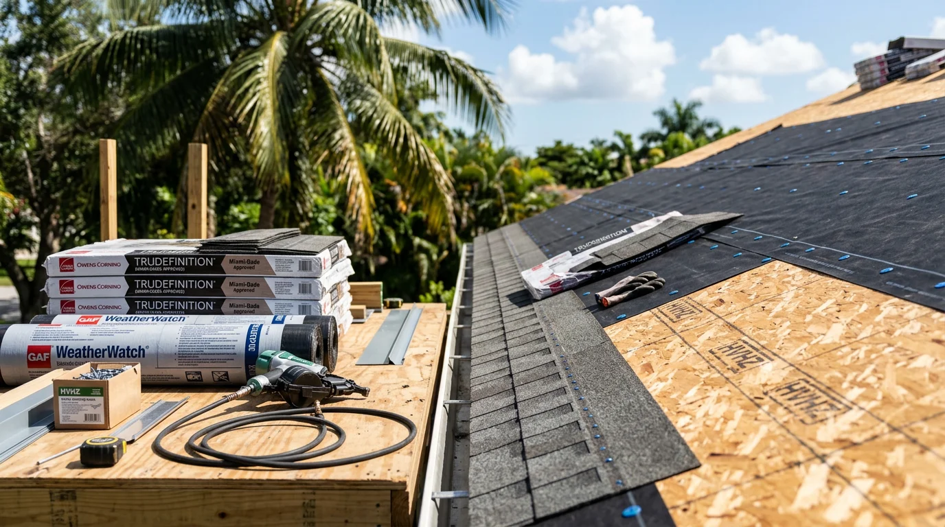 Completed roof replacement on a residential home in Miami-Dade, Florida, showing new tile roofing installed to High-Velocity Hurricane Zone code. A Power Construction and Consulting Inc crew works on a South Florida property with a fully replaced roof deck and NOA-approved materials.