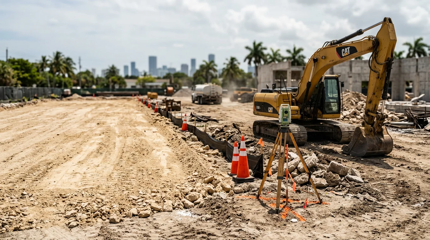 A cleared and graded residential lot in Miami Dade, Florida after demolition, showing exposed soil and a level surface ready for foundation work. Heavy equipment tracks are visible across the prepared ground with surrounding South Florida vegetation in the background.