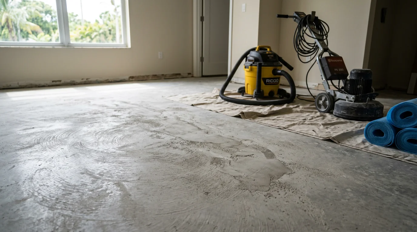 A concrete slab subfloor in a Miami Dade home being leveled and prepared before new flooring installation, showing a smooth, clean surface ready for tile or plank application.