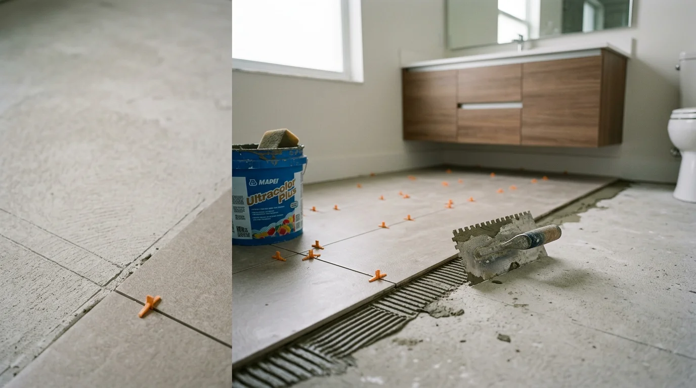 Freshly installed large-format porcelain tile floor in a Miami Dade home interior, with clean grout lines and a smooth, level surface extending through an open living area. The finished floor reflects natural light in a South Florida residential setting.