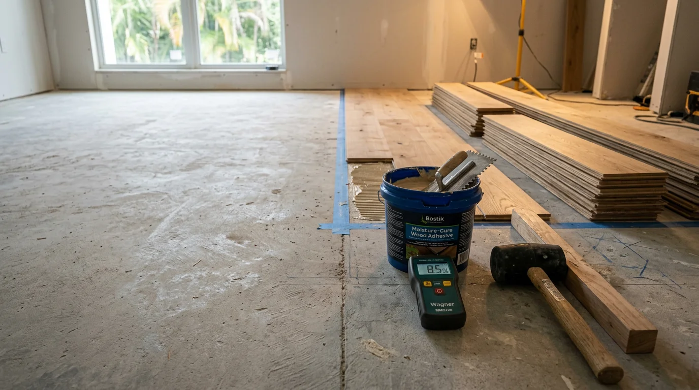 Freshly installed engineered hardwood flooring in a Miami Dade residential living room, showing tight plank seams and a clean finish on a concrete slab subfloor. The room reflects the warm tones typical of South Florida interior design.